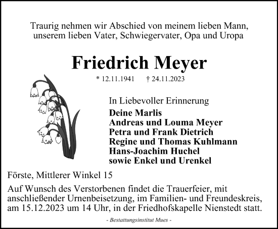 Traueranzeige von Friedrich Meyer von Harz Kurier