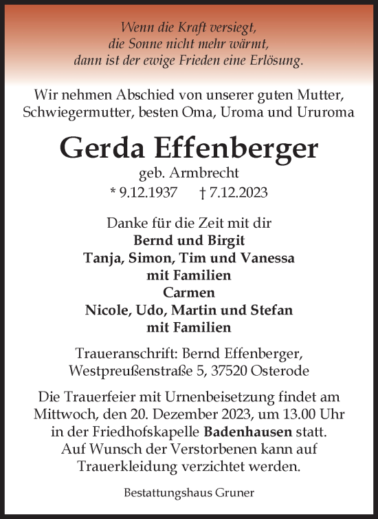 Traueranzeige von Gerda Effenberger von Harz Kurier