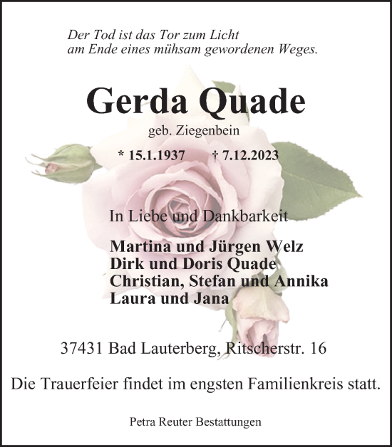 Traueranzeige von Gerda Quade von Harz Kurier
