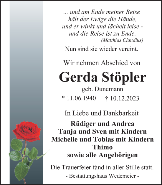 Traueranzeige von Gerda Stöpler von Harz Kurier