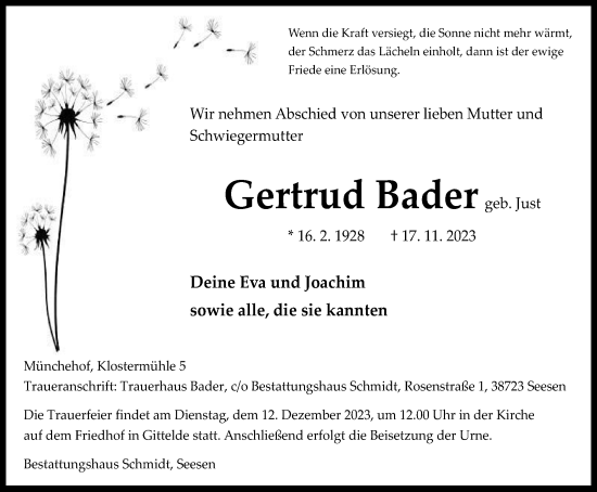 Traueranzeige von Gertrud Bader von Harz Kurier