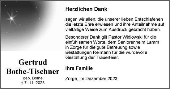 Traueranzeige von Gertrud Bothe-Tischner von Harz Kurier
