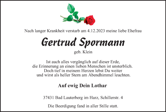 Traueranzeige von Gertrud Spormann von Harz Kurier