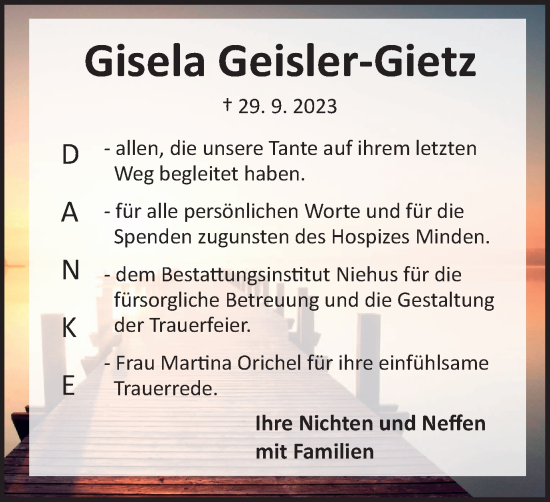 Traueranzeige von Gisela Geisler-Gietz von Harz Kurier