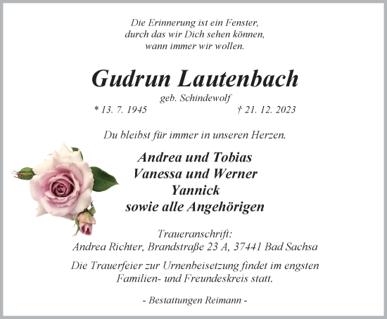 Traueranzeige von Gudrun Lautenbach von Harz Kurier