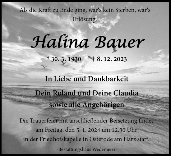 Traueranzeige von Halina Bauer von Harz Kurier