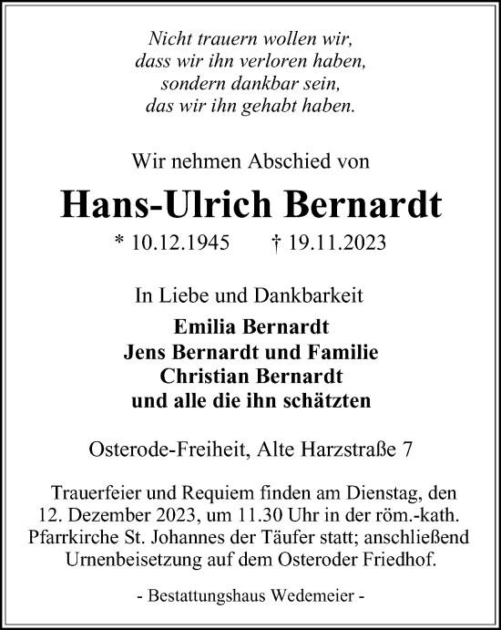 Traueranzeige von Hans-Ulrich Bernardt von Harz Kurier