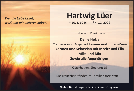 Traueranzeige von Hartwig Lüer von Harz Kurier