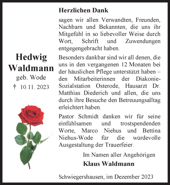 Traueranzeige von Hedwig Waldmann von Harz Kurier
