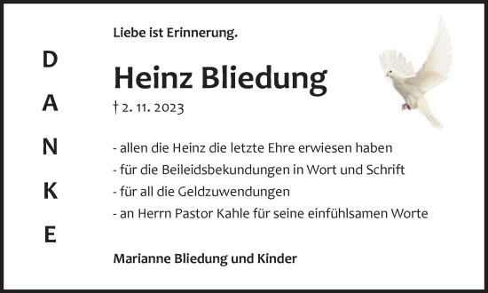Traueranzeige von Heinz Bliedung von Harz Kurier