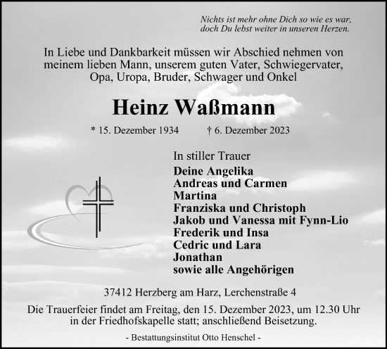 Traueranzeige von Heinz Waßmann von Harz Kurier