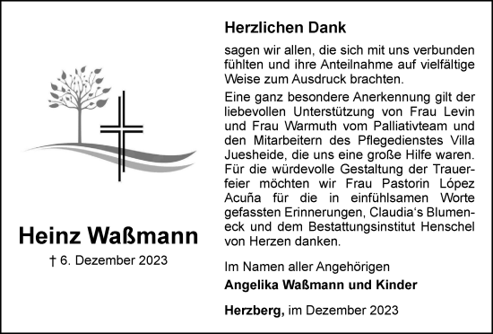 Traueranzeige von Heinz Waßmann von Harz Kurier