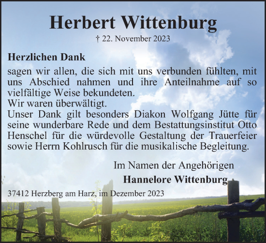 Traueranzeige von Herbert Wittenburg von Harz Kurier
