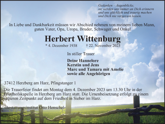 Traueranzeige von Herbert Wittenburg von Harz Kurier
