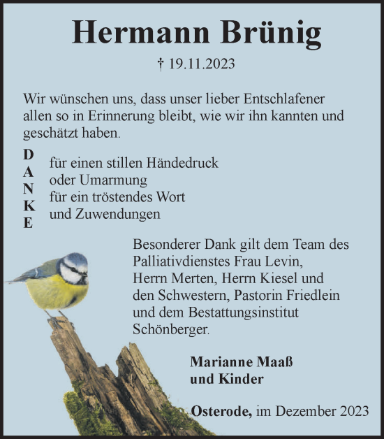 Traueranzeige von Hermann Brünig von Harz Kurier