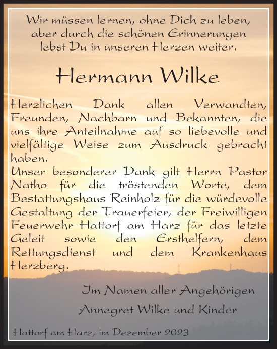 Traueranzeige von Hermann Wilke von Harz Kurier