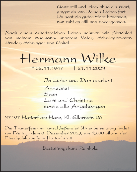 Traueranzeige von Hermann Wilke von Harz Kurier