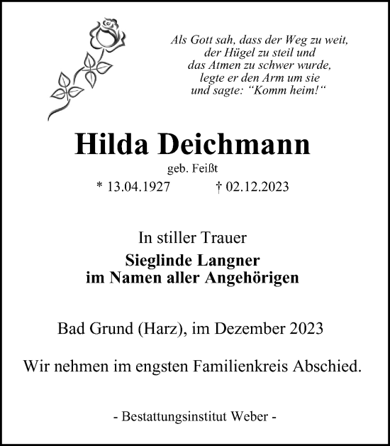 Traueranzeige von Hilda Deichmann von Harz Kurier