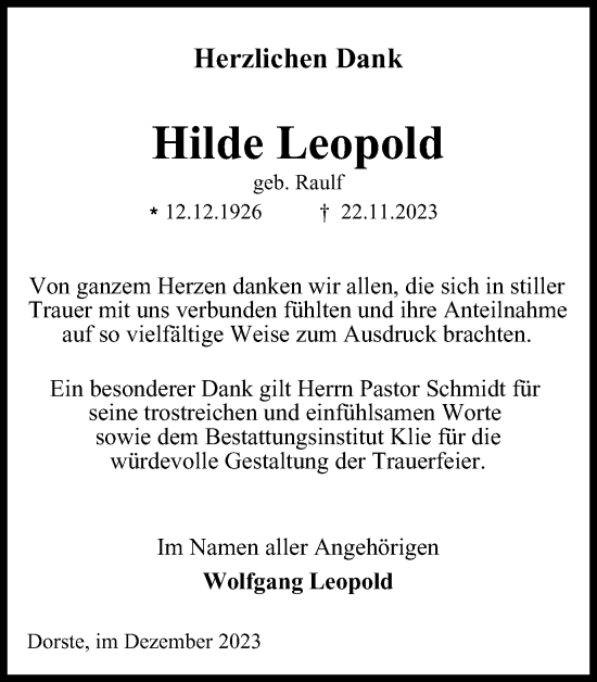 Traueranzeige von Hilde Leopold von Harz Kurier