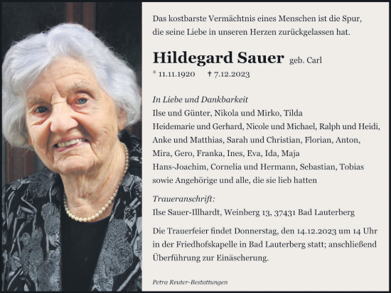 Traueranzeige von Hildegard Sauer von Harz Kurier