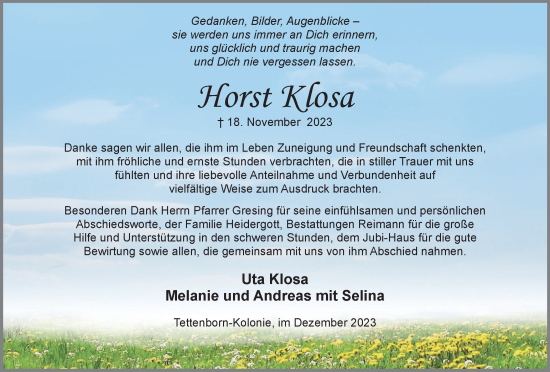 Traueranzeige von Horst Klosa von Harz Kurier