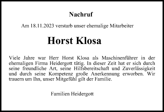 Traueranzeige von Horst Klosa von Harz Kurier
