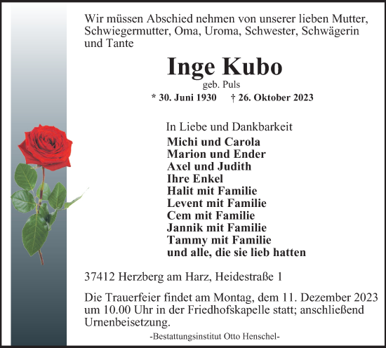 Traueranzeige von Inge Kubo von Harz Kurier