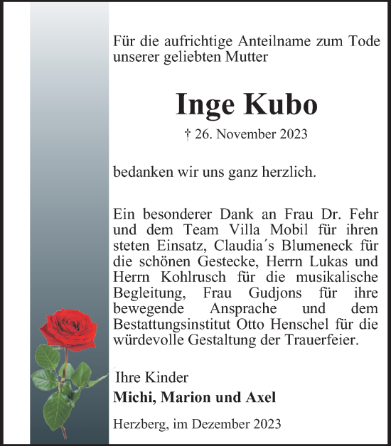 Traueranzeige von Inge Kubo von Harz Kurier