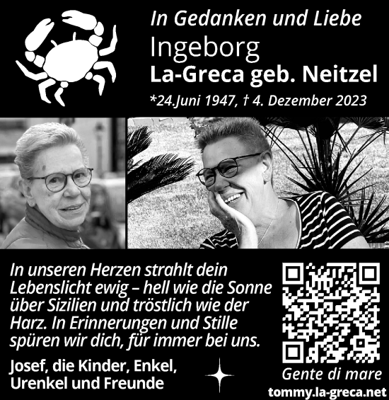 Traueranzeige von Ingeborg La-Greca von Harz Kurier