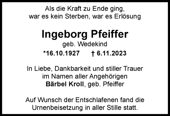 Traueranzeige von Ingeborg Pfeiffer von Harz Kurier