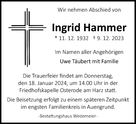 Traueranzeige von Ingrid Hammer von Harz Kurier