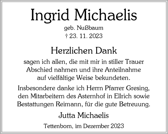 Traueranzeige von Ingrid Michaelis von Harz Kurier