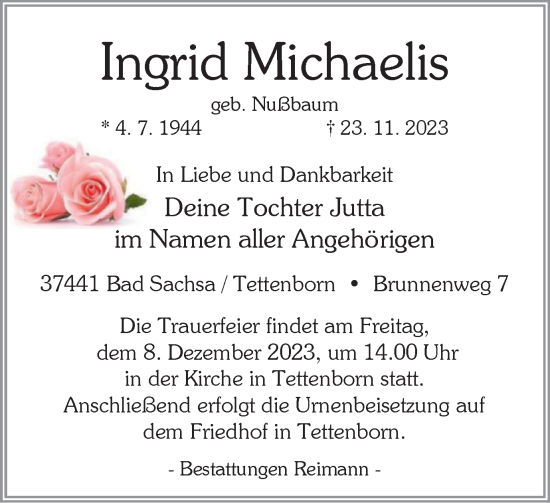 Traueranzeige von Ingrid Michaelis von Harz Kurier