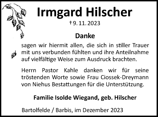 Traueranzeige von Irmgard Hilscher von Harz Kurier