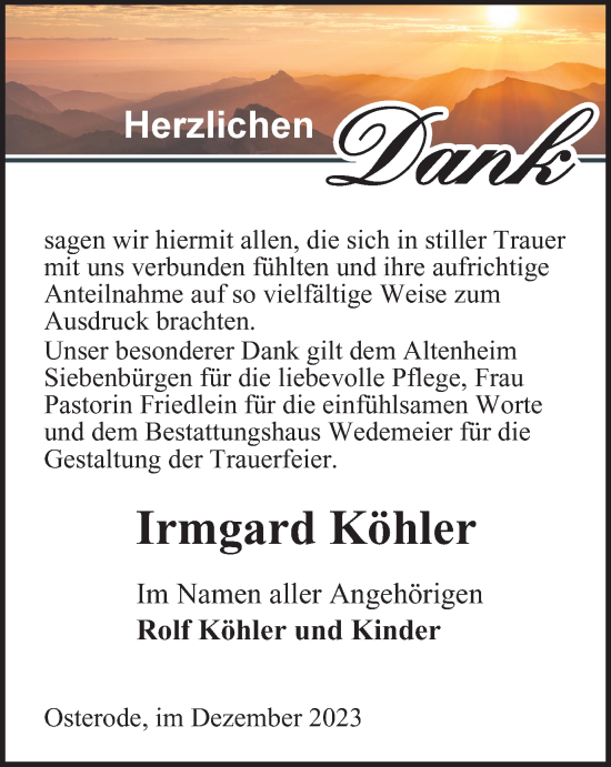Traueranzeige von Irmgard Köhler von Harz Kurier