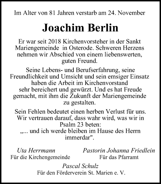 Traueranzeige von Joachim Berlin von Harz Kurier