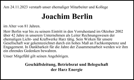 Traueranzeige von Joachim Berlin von Harz Kurier