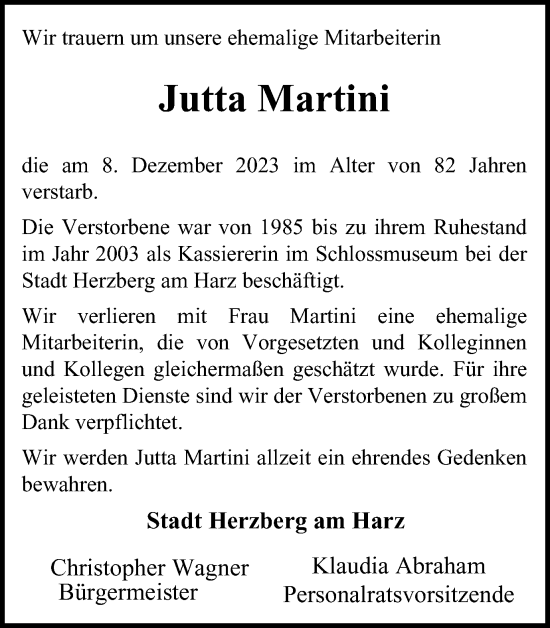 Traueranzeige von Jutta Martini von Harz Kurier