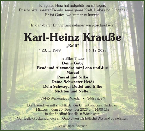 Traueranzeige von Karl-Heinz Krauße von Harz Kurier