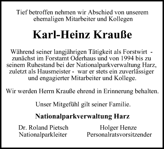 Traueranzeige von Karl-Heinz Krauße von Harz Kurier