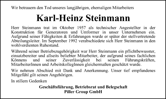 Traueranzeige von Karl-Heinz Steinmann von Harz Kurier