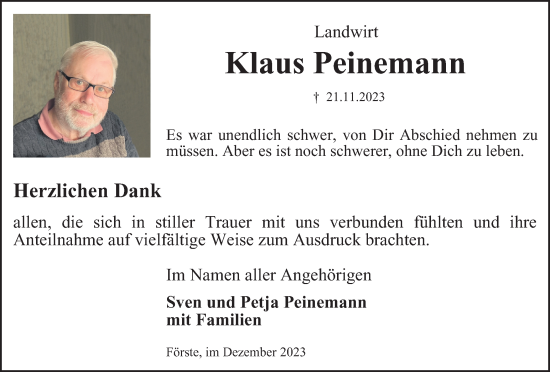 Traueranzeige von Klaus Peinemann von Harz Kurier