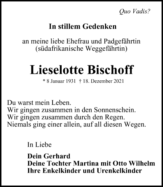 Traueranzeige von Lieselotte Bischoff von Harz Kurier