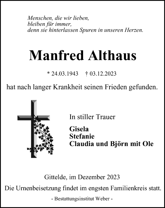 Traueranzeige von Manfred Althaus von Harz Kurier