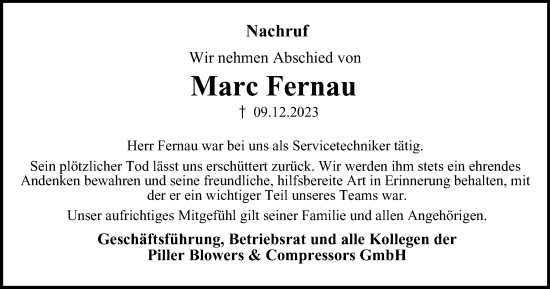Traueranzeige von Marc Fernau von Harz Kurier