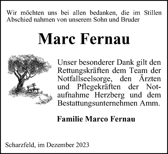 Traueranzeige von Marc Fernau von Harz Kurier