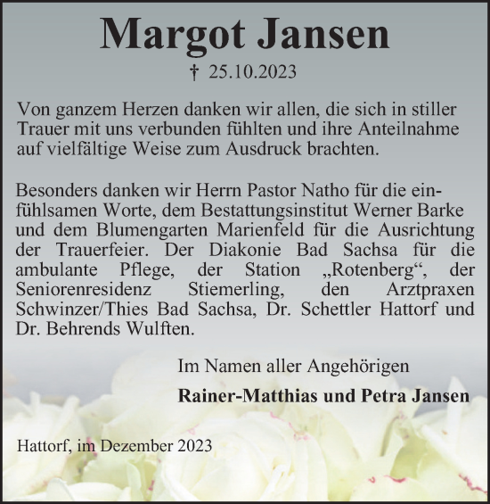 Traueranzeige von Margot Jansen von Harz Kurier