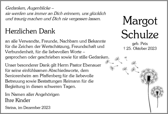 Traueranzeige von Margot Schulze von Harz Kurier