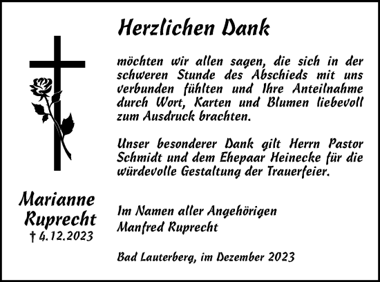 Traueranzeige von Marianne Ruprecht von Harz Kurier