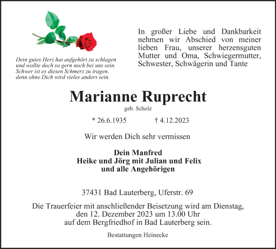 Traueranzeige von Marianne Ruprecht von Harz Kurier